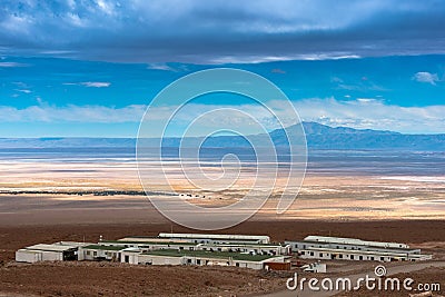 Part of ALMA Base Camp infrastructure and view of The Atacama Salt Lake Salar de Atacama. Editorial Stock Photo